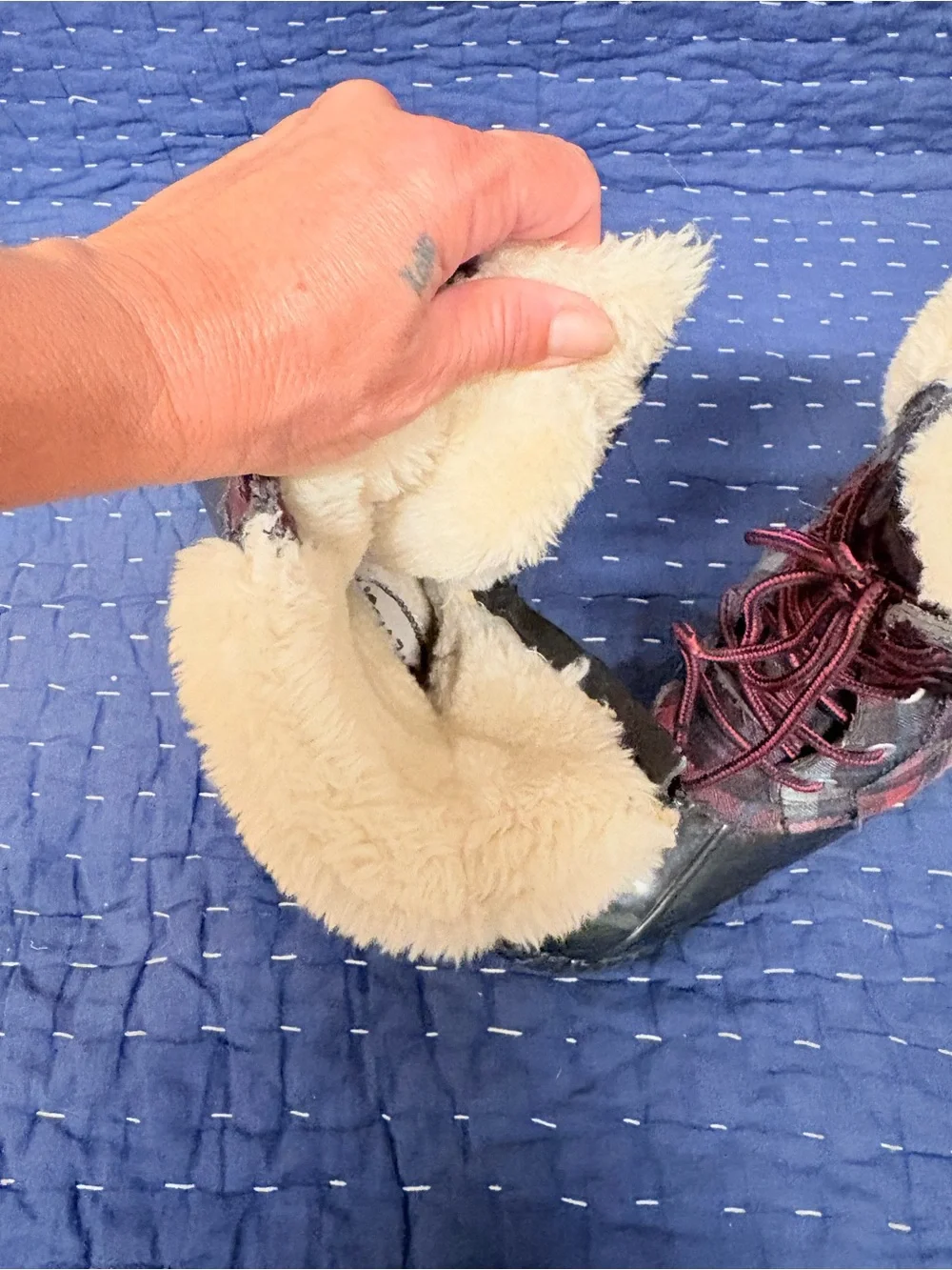 Stevies Burgundy Plaid Lace-Up Kids Snow Boots with Faux Fur Cuff